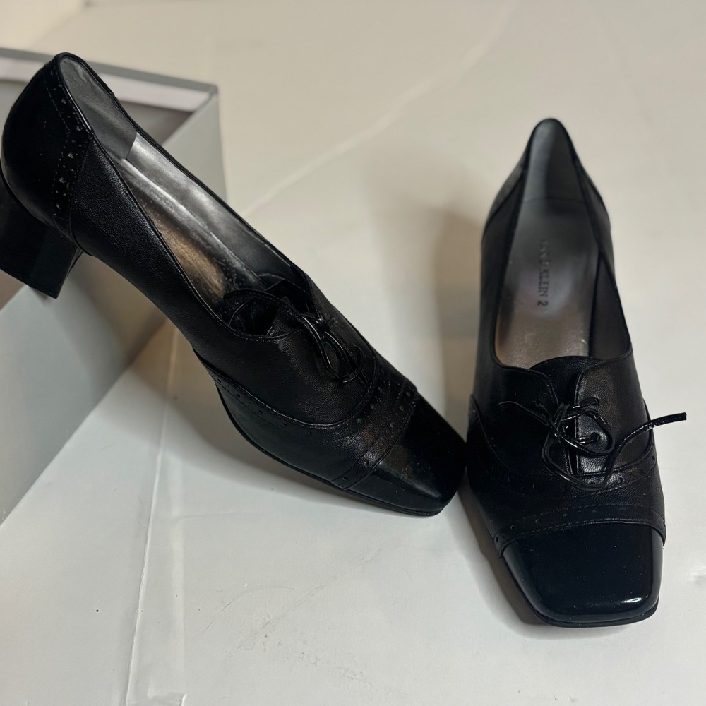 Anne Klein 2 Karisse Black Oxford Pumps Square Toe Block Heel Wingtip  7.5 Retro